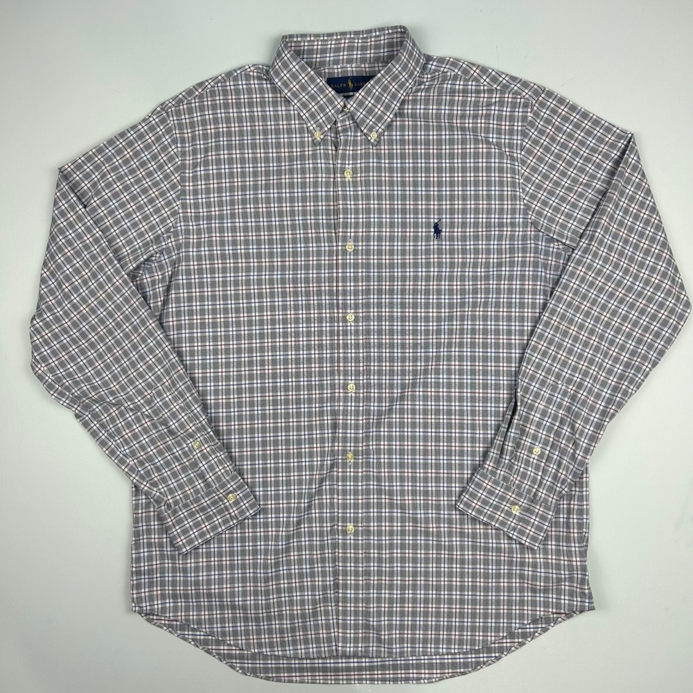 Ralph Lauren Classic Fit Performance Plaid Shirt Mens XL Grey Blue Red Stretch